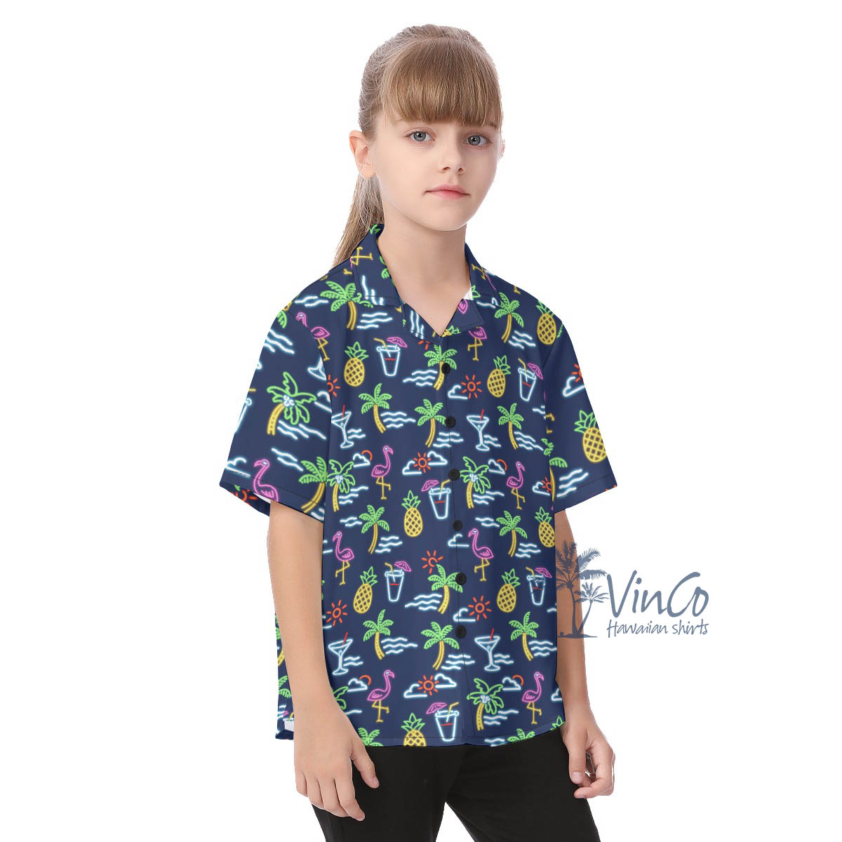 Beach Party Flamingo Hawaiian Button Up Shirt For Kids