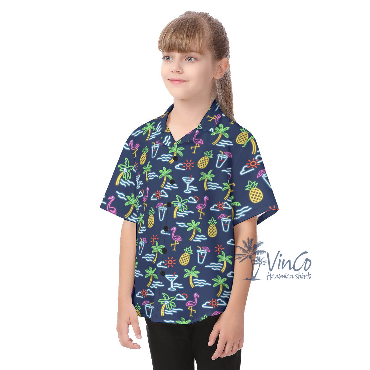 Beach Party Flamingo Hawaiian Button Up Shirt For Kids