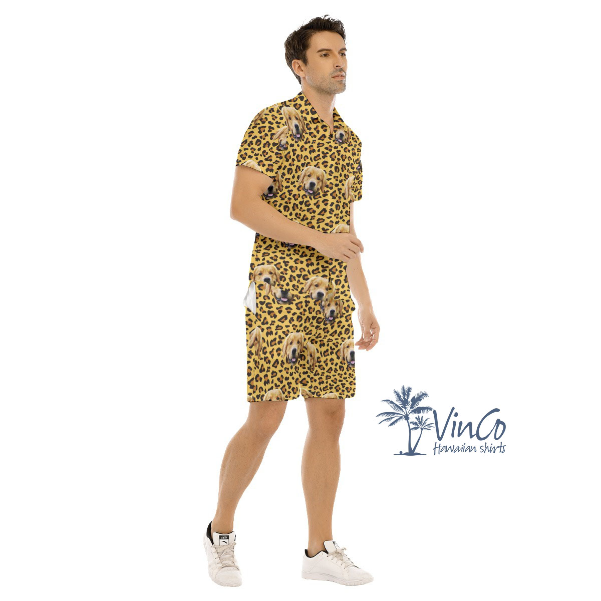Leopard Custom Men's Hawaiian Shirt And Shorts Set With Dog Face