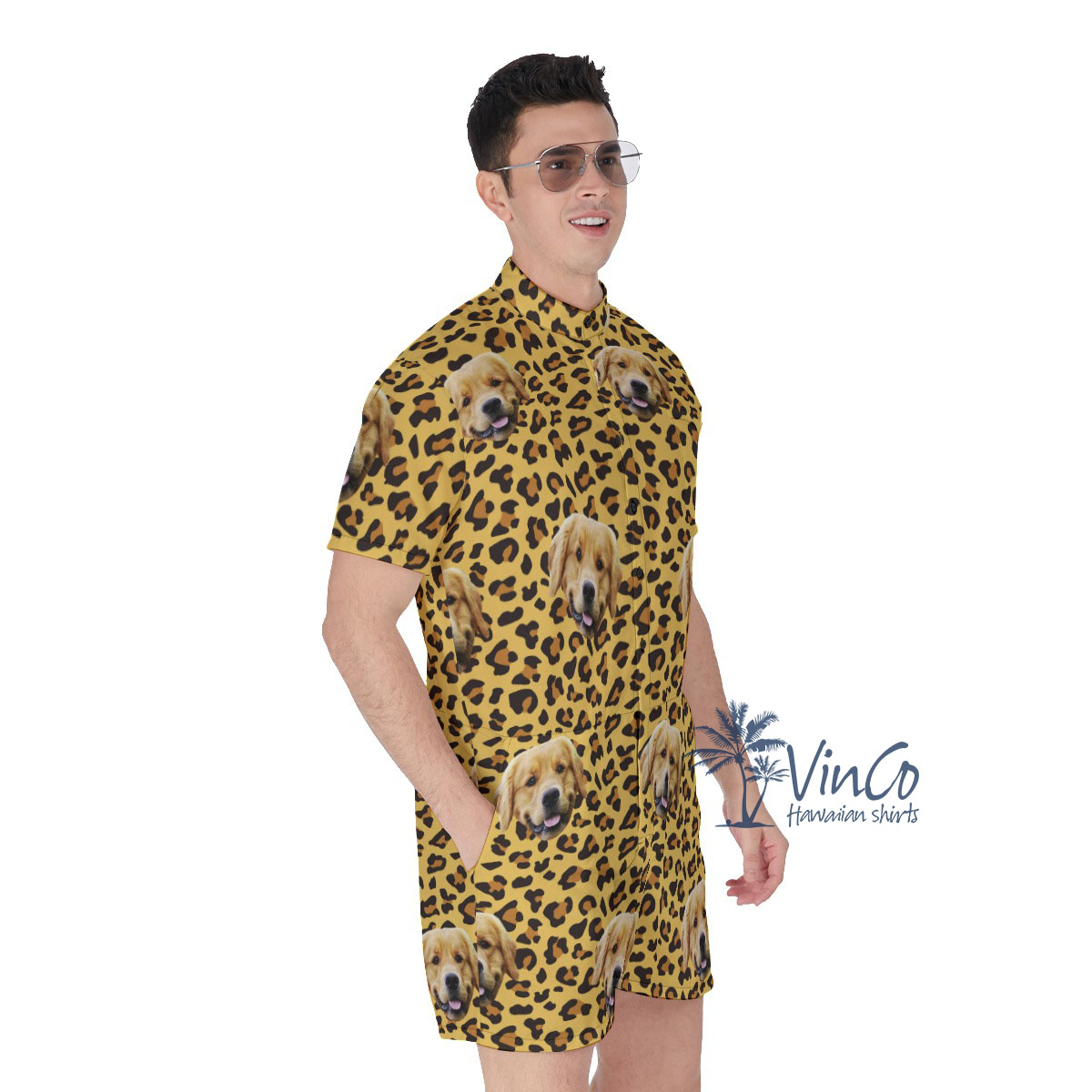 Leopard Custom Men's Hawaiian Romper With Dog Face