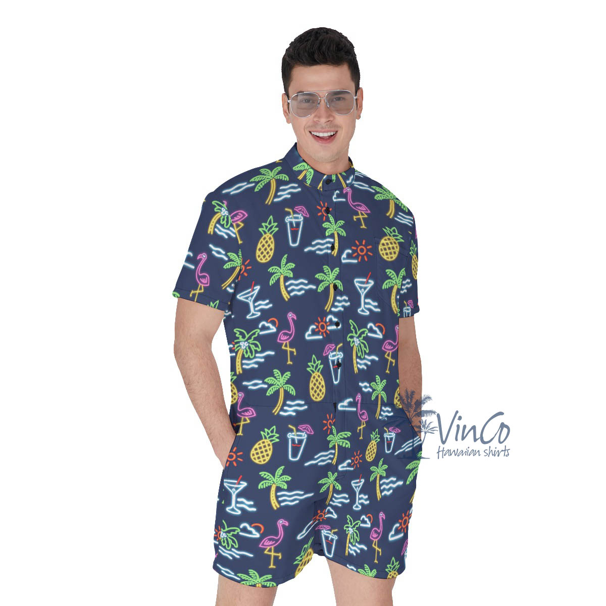 Beach Party Flamingo Hawaiian Romper For Men - variant image 1
