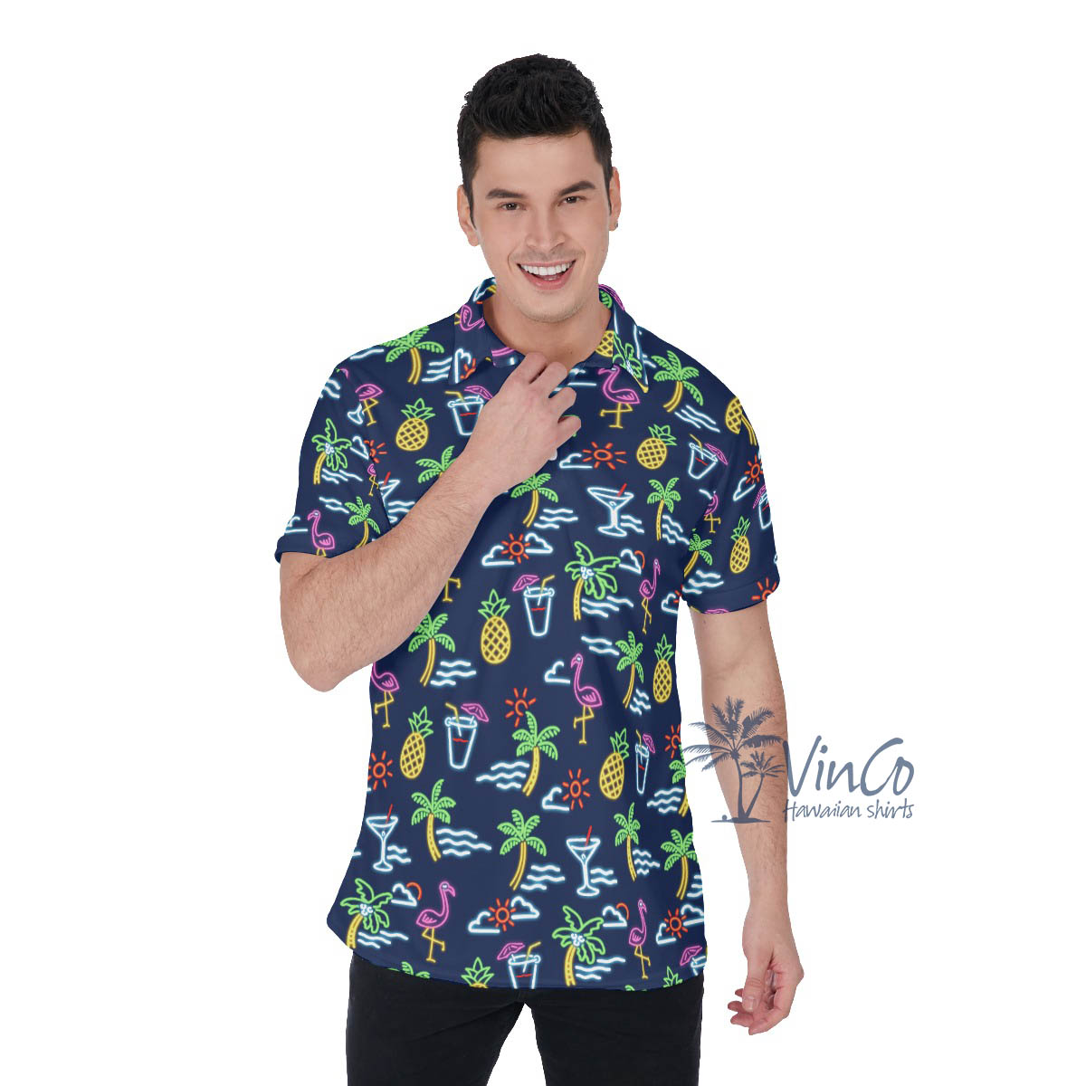 Flamingo Party Hawaiian Polo Shirt For Men - variant image 1