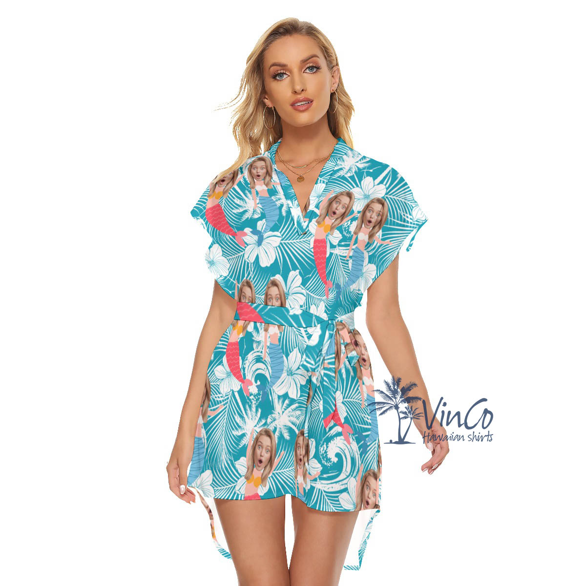 Funny Mermaid Custom Face Hawaiian Dresses With Belt For Women - variant image 1