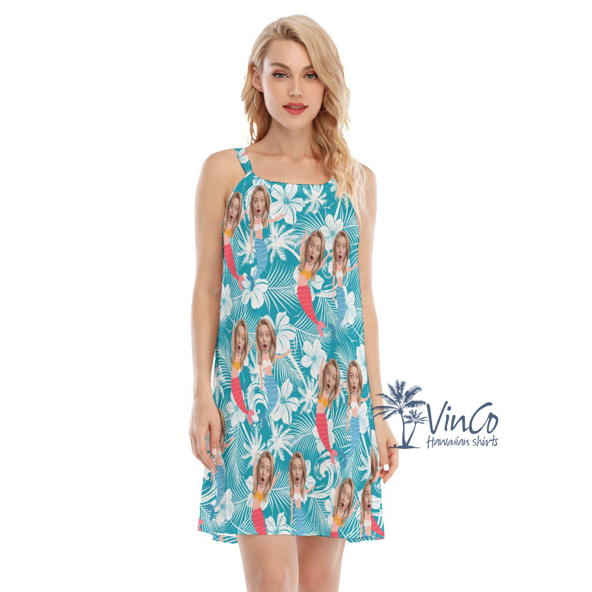 Custom Face With Mermaid Blue Hawaiian Dresses For Women - variant image 1