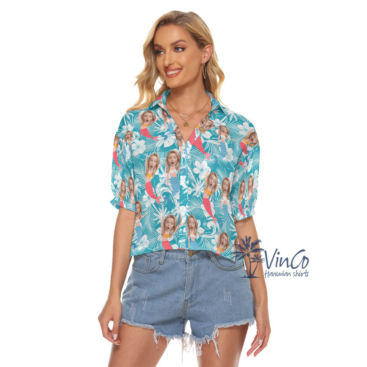 Funny Custom Mermaid Hawaiian Crop Top Shirt With Face - variant image 1