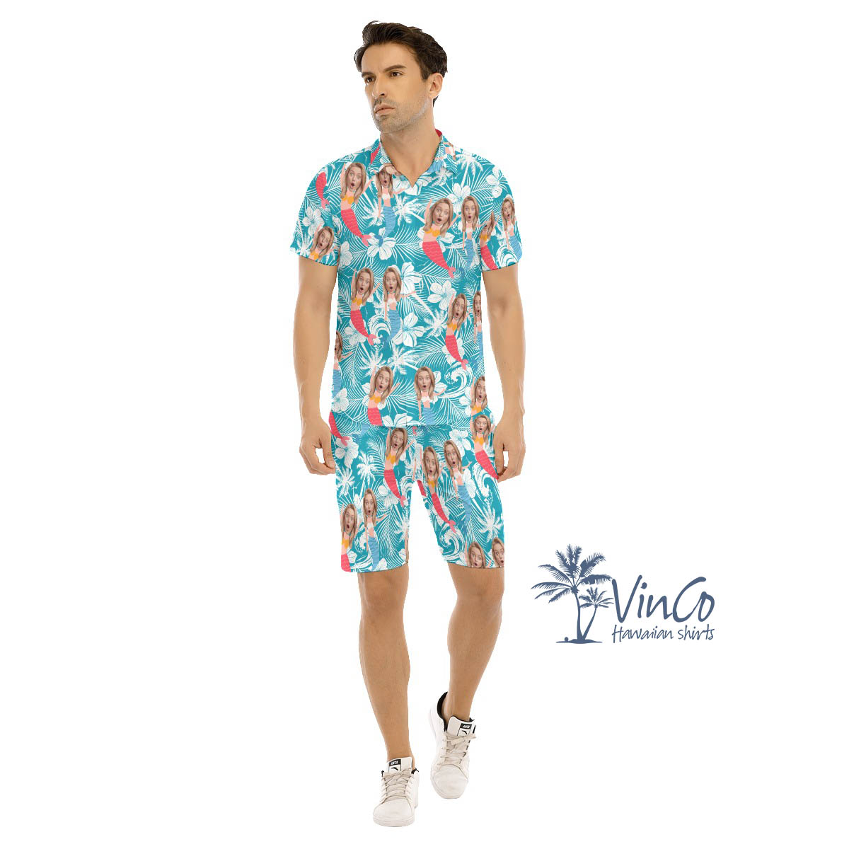 Funny Custom Face Mermaid Blue Hawaiian Shirt And Matching Shorts For Men - variant image 1