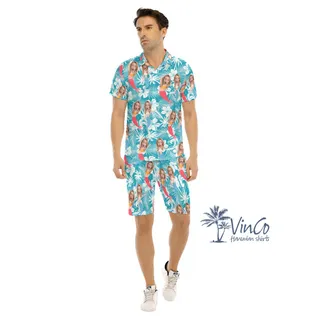 Funny Custom Face Mermaid Blue Hawaiian Shirt And Matching Shorts For Men