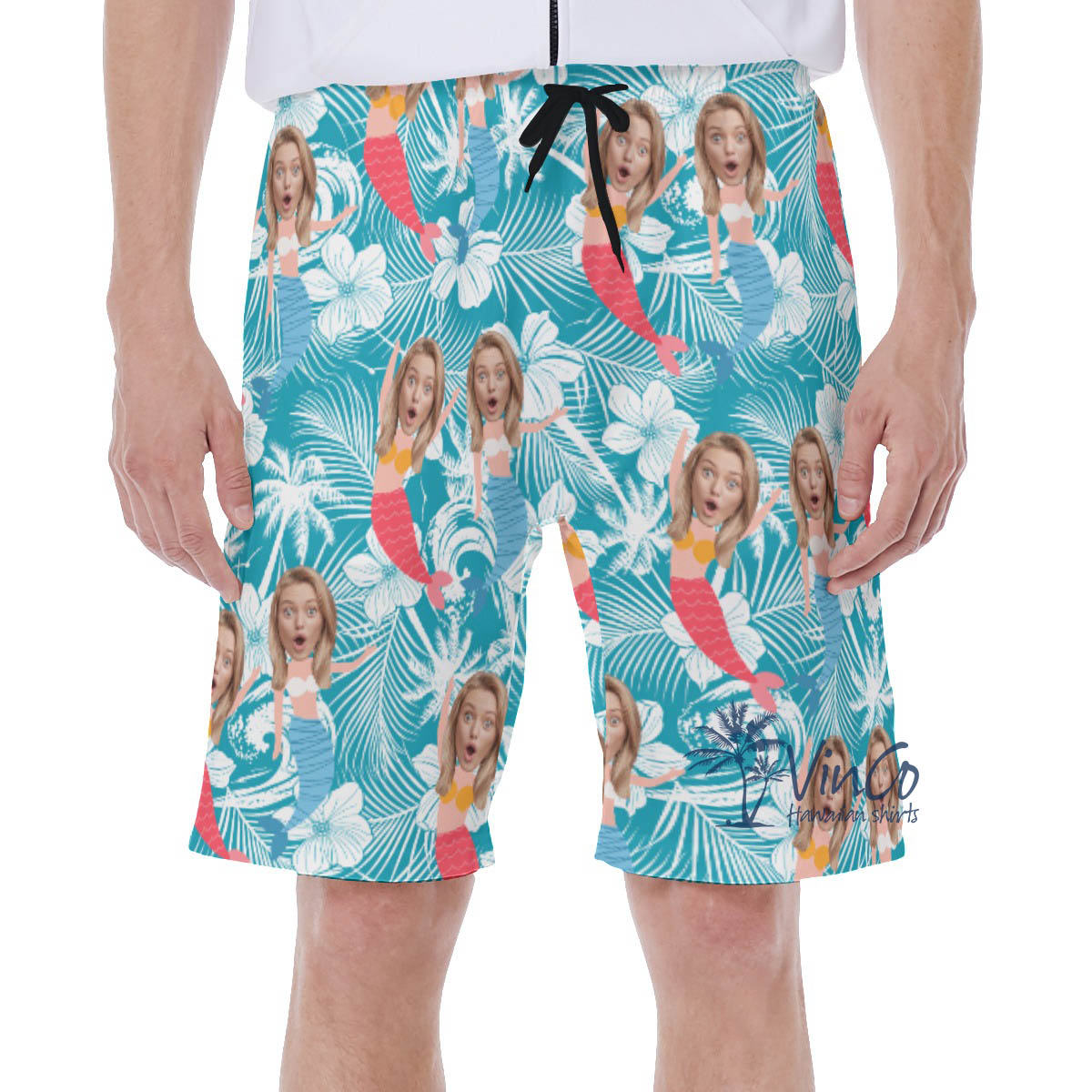 Custom Face Mermaid Blue Hawaiian Swim Trunks For Men - variant image 1