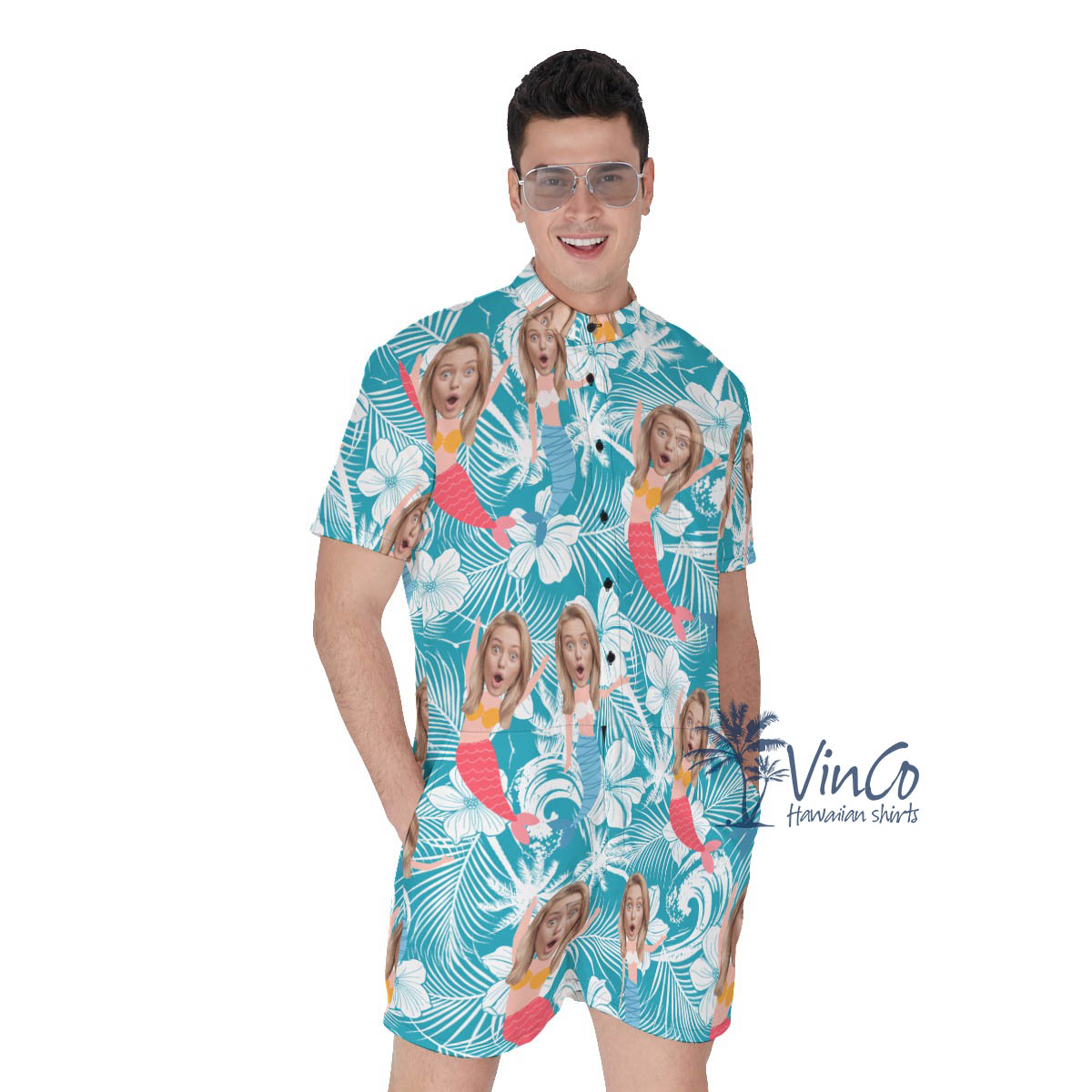 Custom Face Mermaid Floral Blue Hawaiian Romper For Men - variant image 1