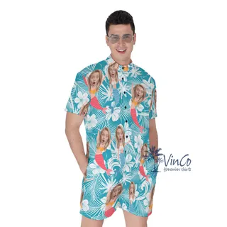 Custom Face Mermaid Floral Blue Hawaiian Romper For Men