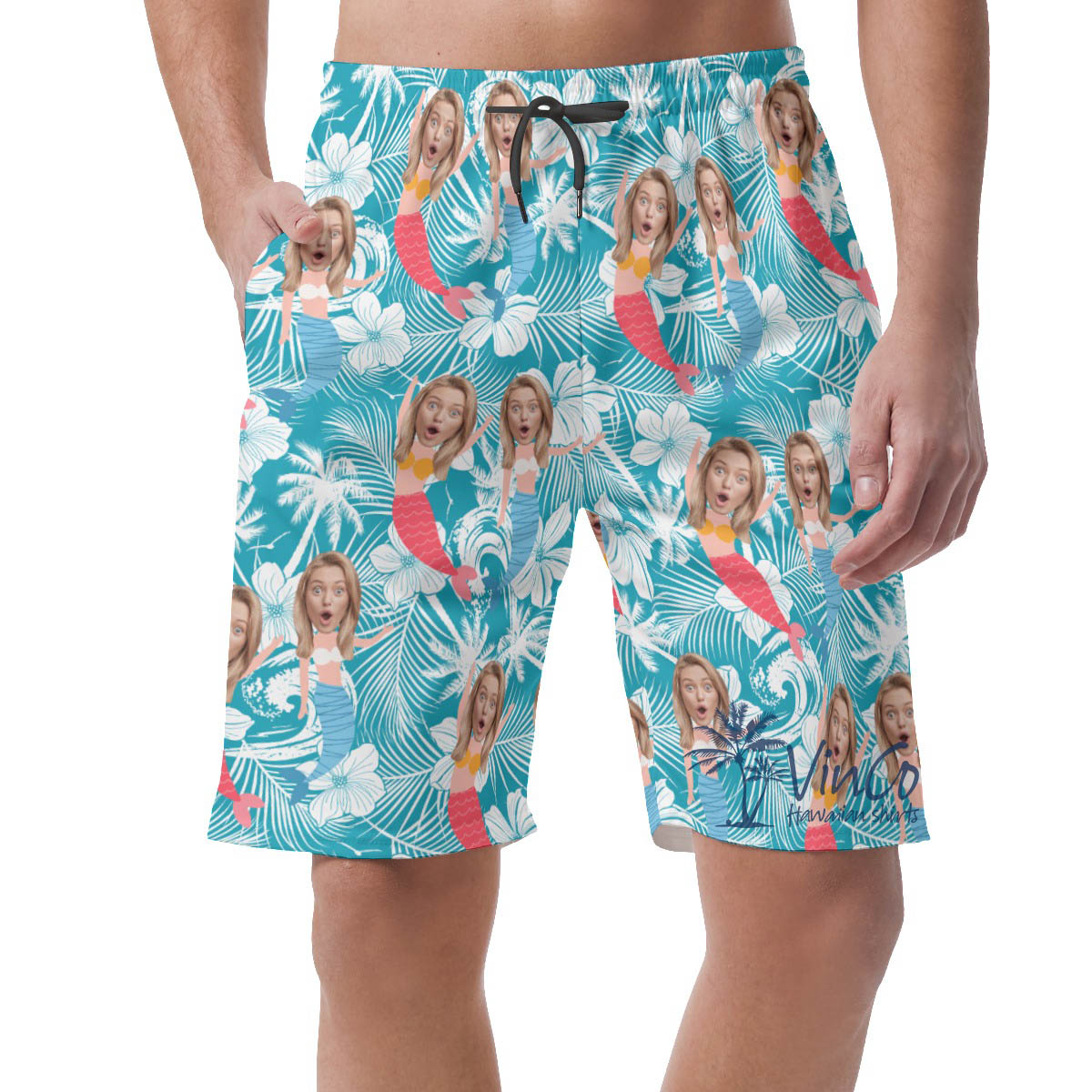 Funny Mermaid Floral Hawaiian Beach Shorts With Custom Face - variant image 1