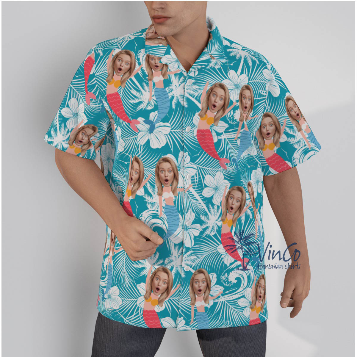 Floral Mermaid Custom Face Blue Hawaiian Shirts For Men - variant image 1