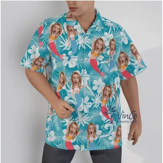 Floral Mermaid Custom Face Blue Hawaiian Shirts For Men