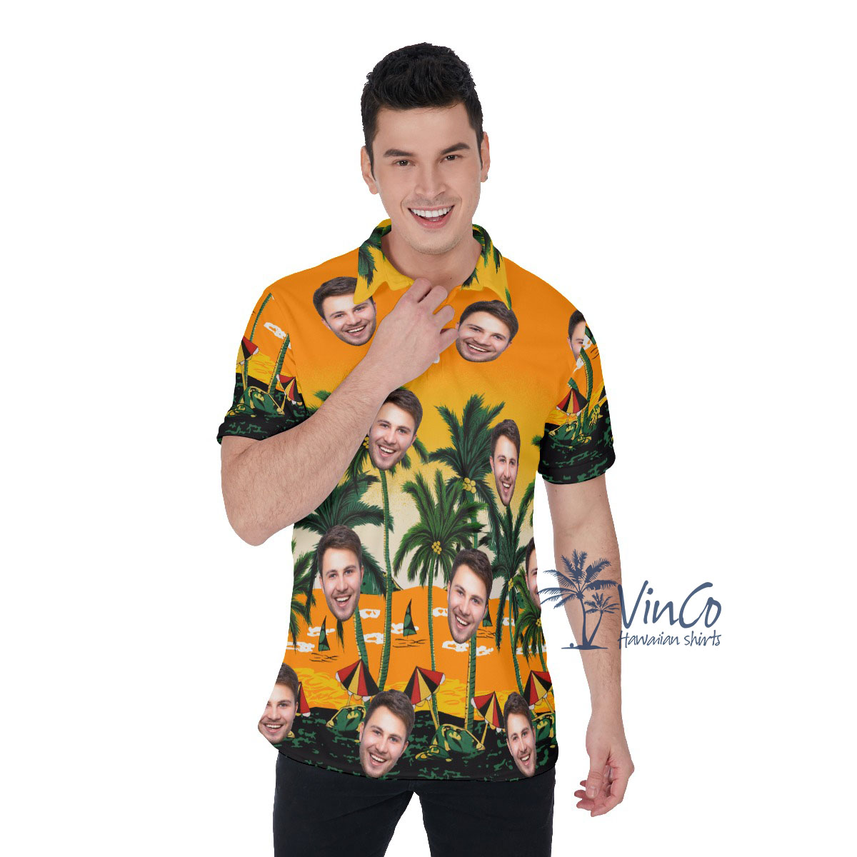 Yellow Custom Face Hawaiian Polo Shirt With Beach Palm Tree - variant image 1