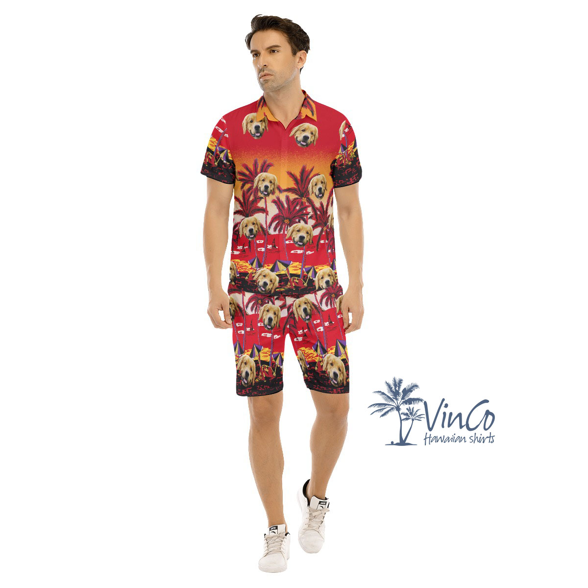 Sunset Beach Red Custom Hawaiian Shirt And Shorts Set With Face - variant image 1