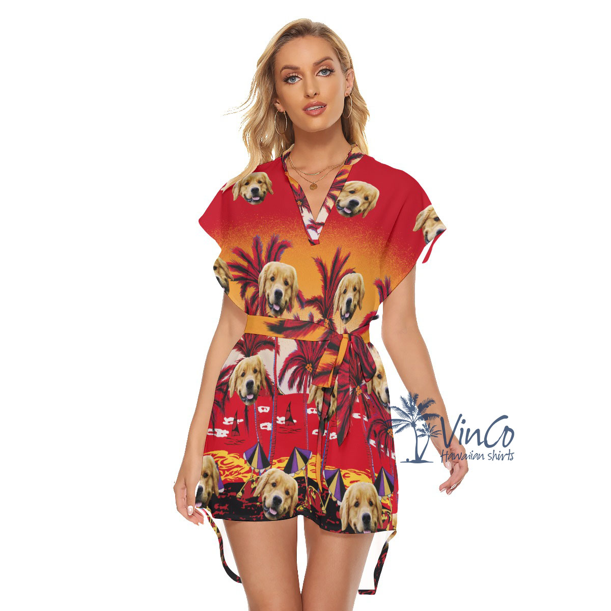 Sunset Beach Hawaiian Belted Women's Dress With Custom Face - variant image 1