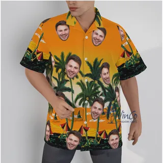 Yellow Custom Face Hawaiian Shirt With Beach Palm Tree