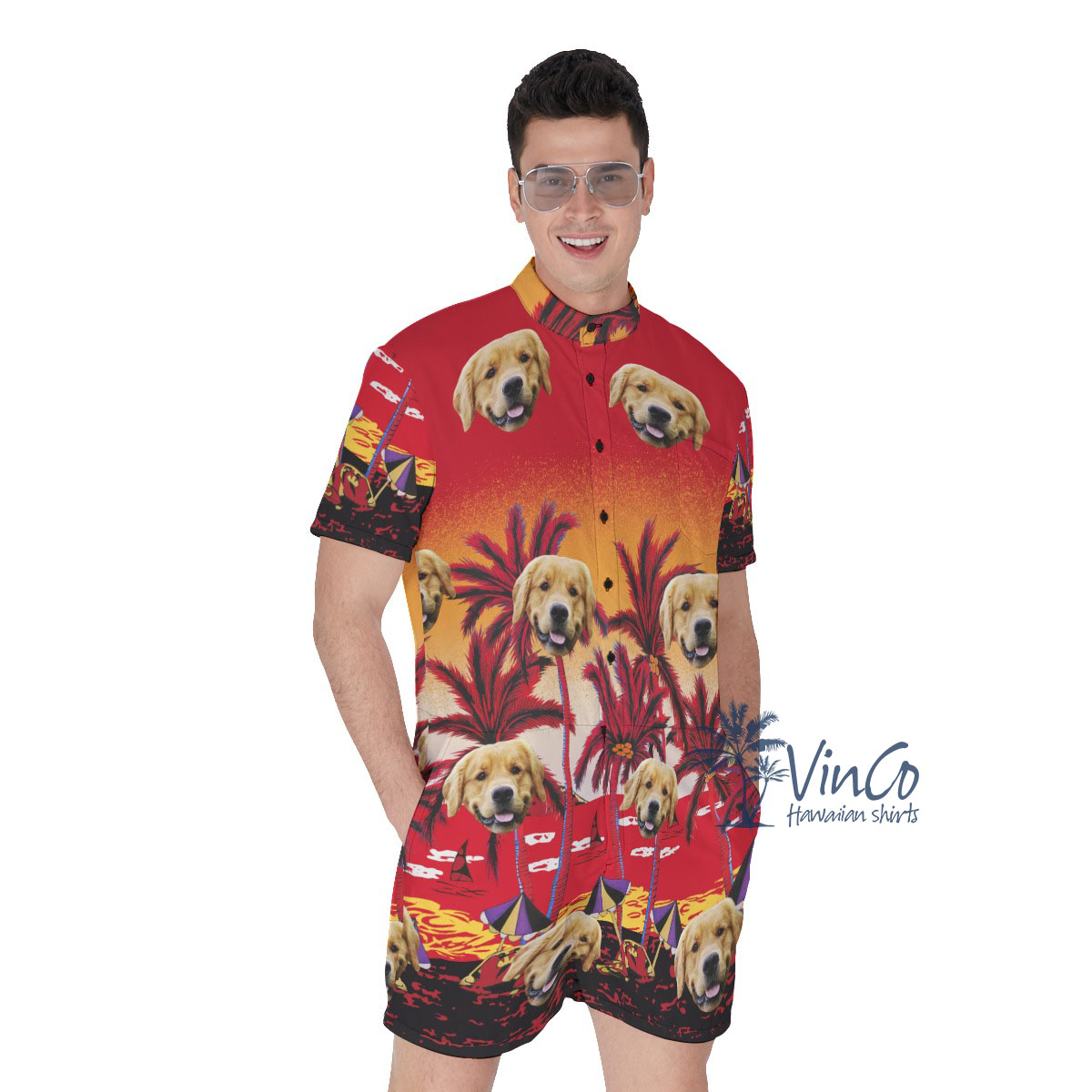 Sunset Beach Red Custom Hawaiian Romper With Multiple Faces - variant image 1