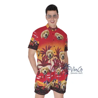 Sunset Beach Red Custom Hawaiian Romper With Multiple Faces