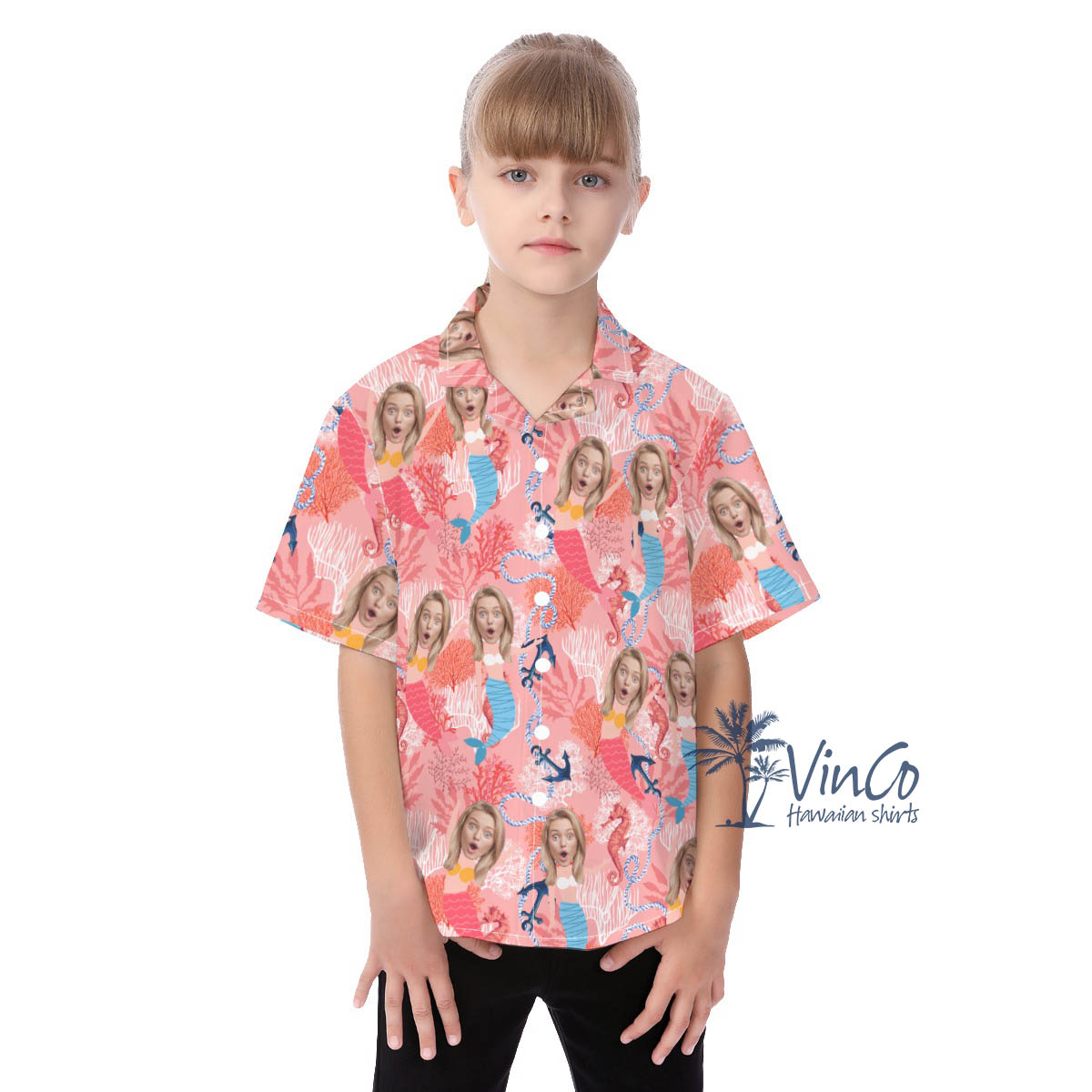 Cute Mermaid Pink Aloha Shirt For Kids With Custom Face - variant image 1