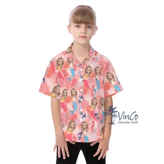 Cute Mermaid Pink Aloha Shirt For Kids With Custom Face