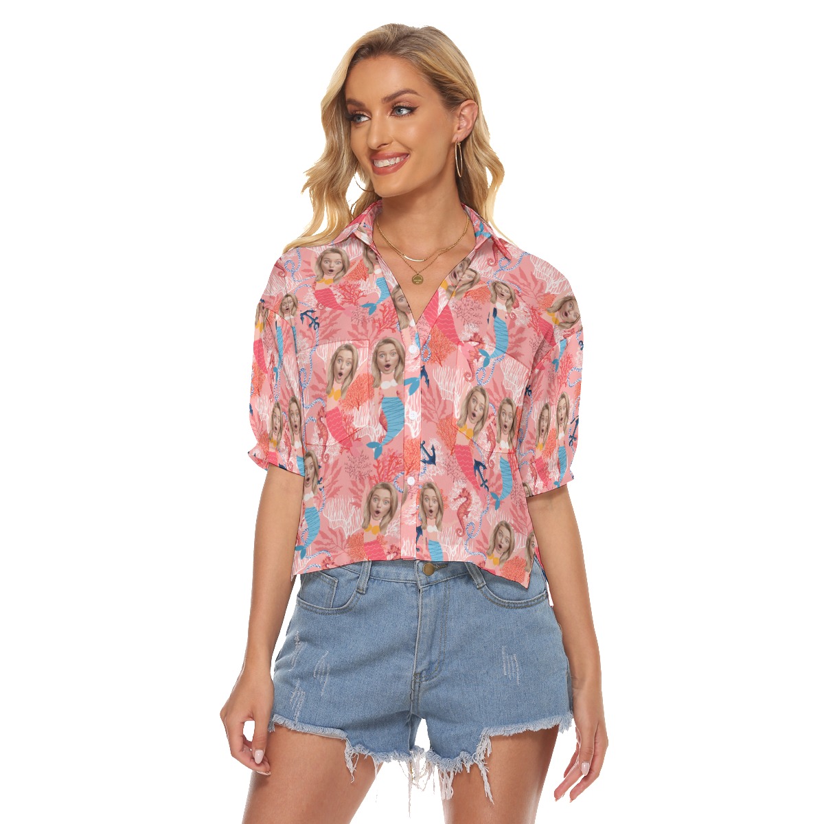 Funny Custom Face Mermaid Pink Hawaiian Cropped Shirt For Women - variant image 1