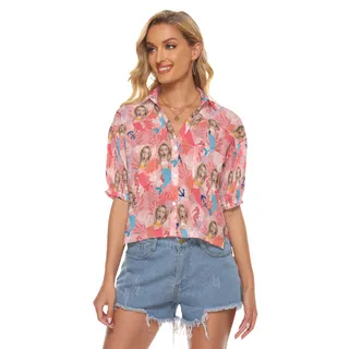 Funny Custom Face Mermaid Pink Hawaiian Cropped Shirt For Women