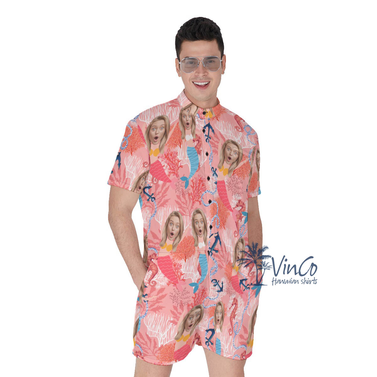 Funny Mermaid Custom Face Men's Hawaiian Romper For Summer - variant image 1