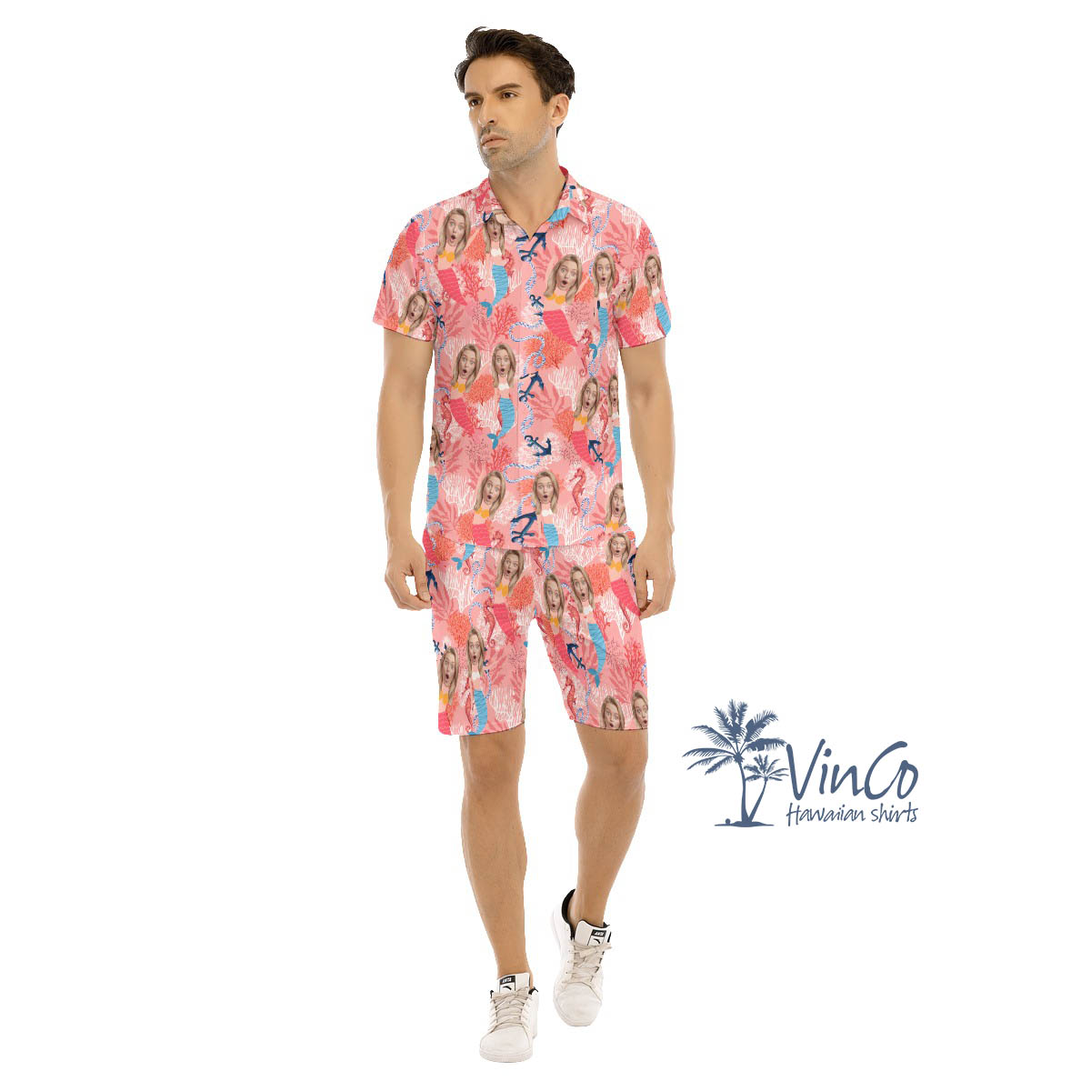 Set Custom Face Mermaid Hawaiian Shirt And Shorts For Men - variant image 1