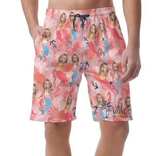 Custom Mermaid Face Pink Hawaiian Beach Shorts For Men