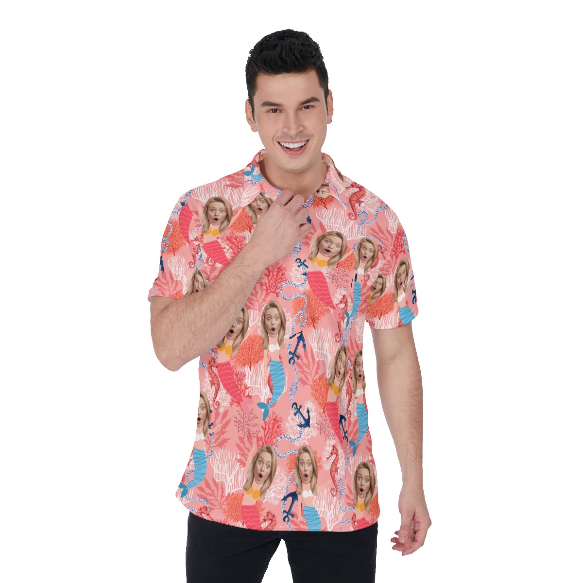Funny Mermaid Custom Face Men's Hawaiian Polo Shirt - variant image 1