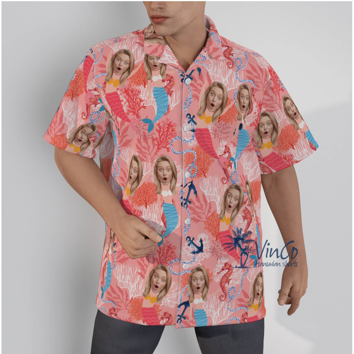 Funny Custom Face Mermaid Pink Hawaiian Shirt - variant image 1