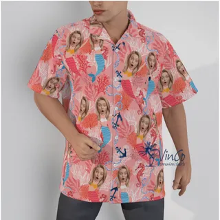 Funny Custom Face Mermaid Pink Hawaiian Shirt