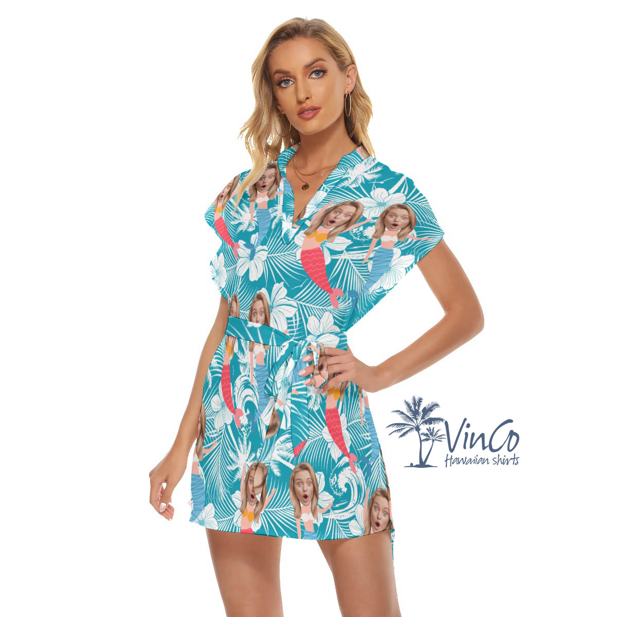 Funny Mermaid Custom Face Hawaiian Dresses With Belt For Women