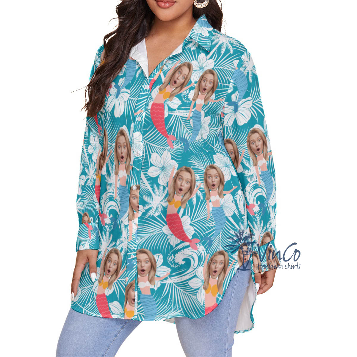 Custom Funny Mermaid Hawaiian Plus Size Shirts With Face