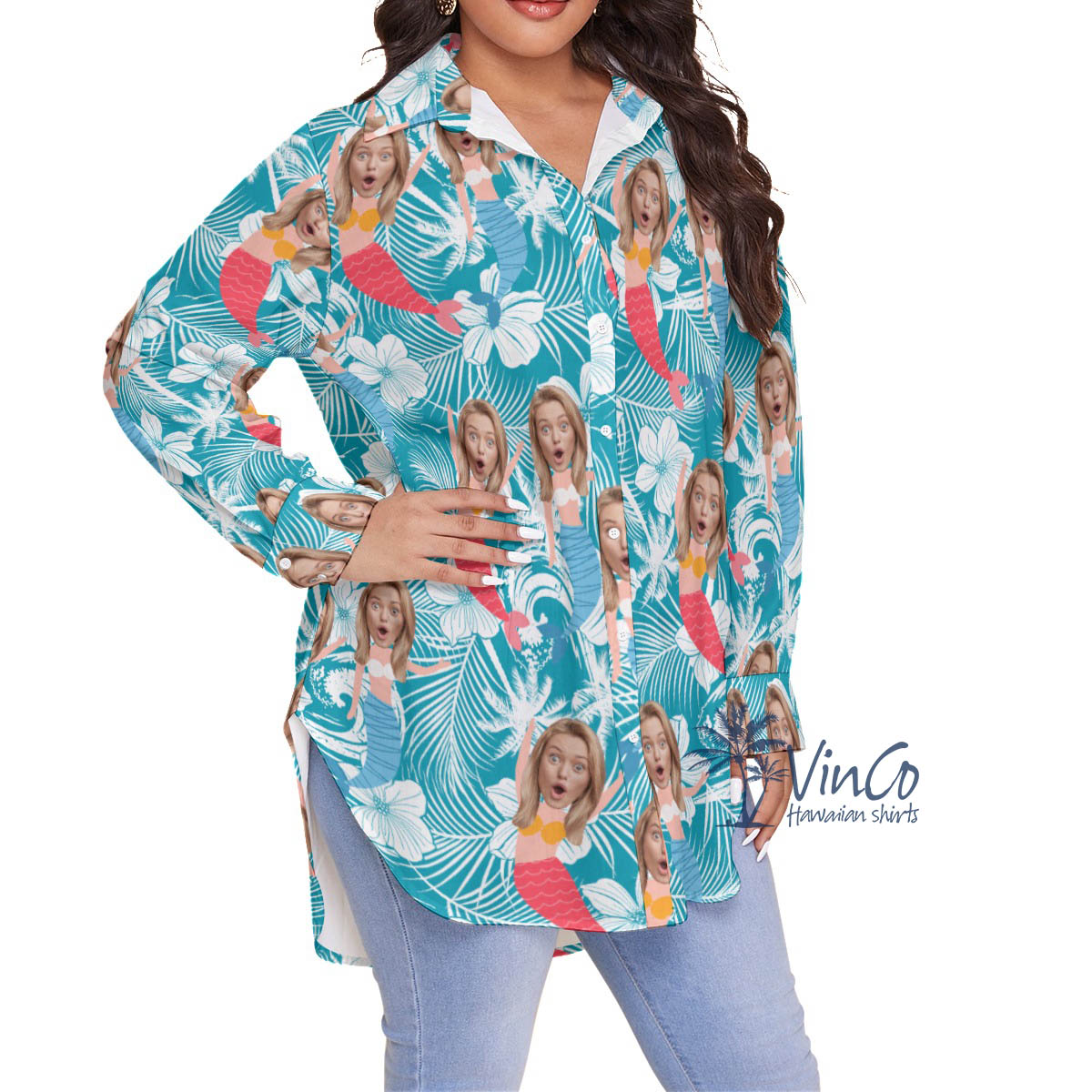Custom Funny Mermaid Hawaiian Plus Size Shirts With Face