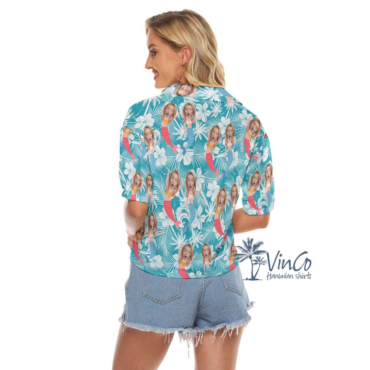 Funny Custom Mermaid Hawaiian Crop Top Shirt With Face