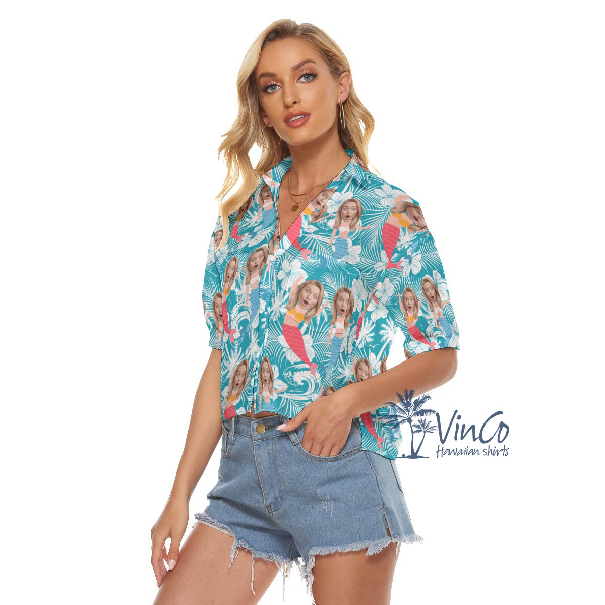 Funny Custom Mermaid Hawaiian Crop Top Shirt With Face