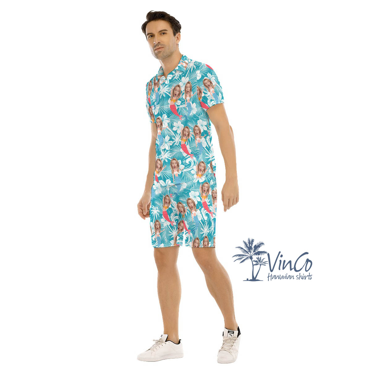 Funny Custom Face Mermaid Blue Hawaiian Shirt And Matching Shorts For Men