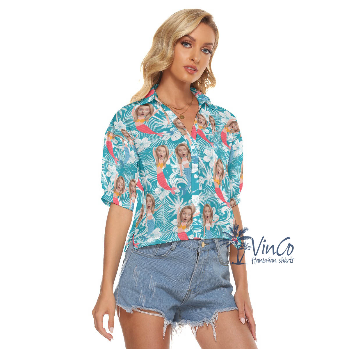 Funny Custom Mermaid Hawaiian Crop Top Shirt With Face