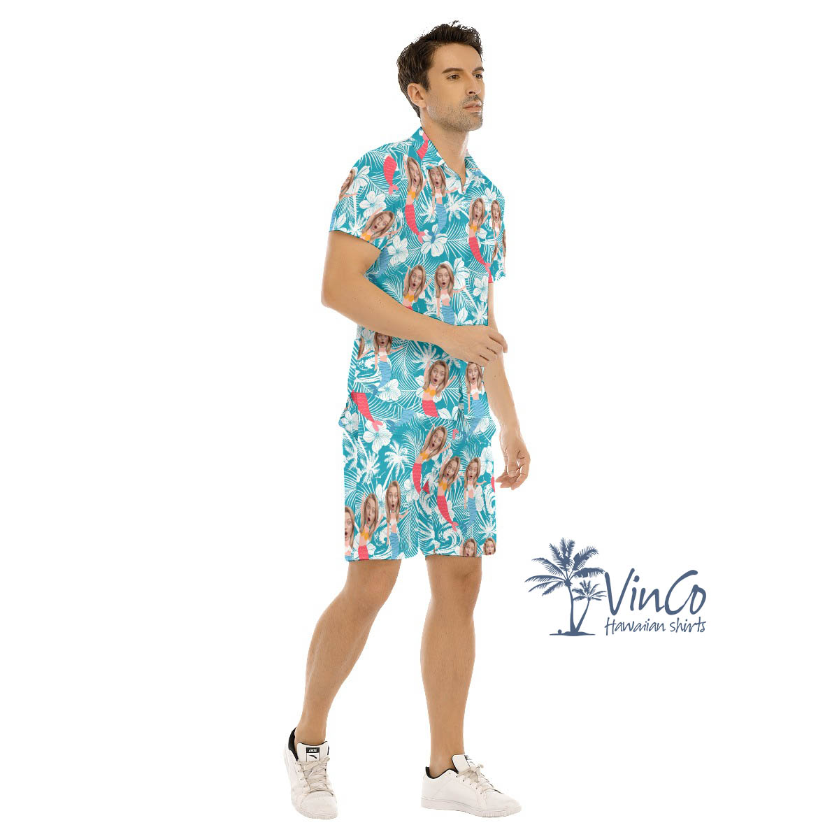 Funny Custom Face Mermaid Blue Hawaiian Shirt And Matching Shorts For Men
