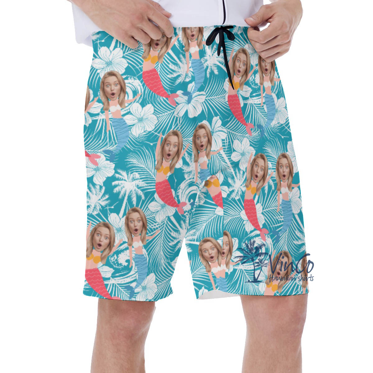 Custom Face Mermaid Blue Hawaiian Swim Trunks For Men