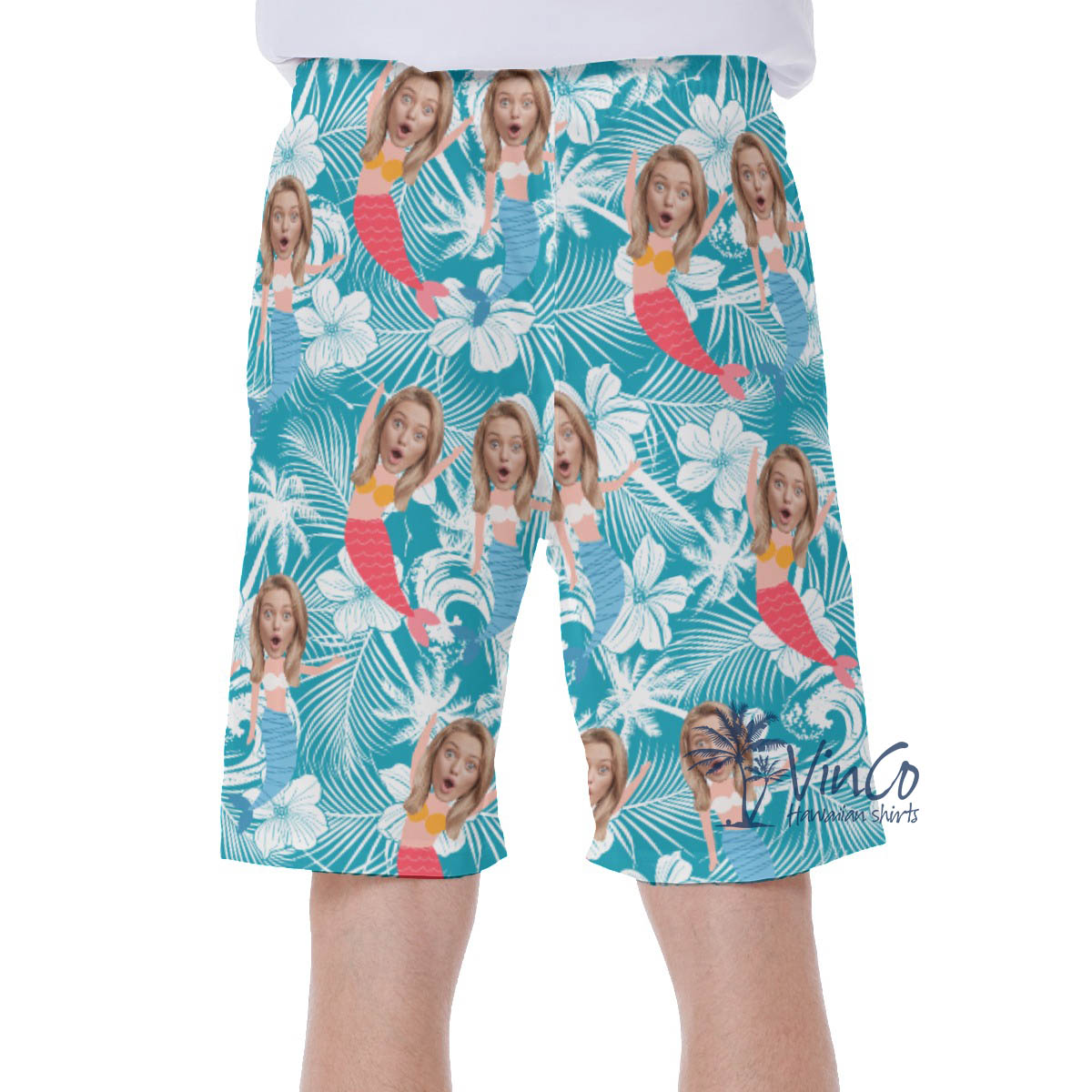 Custom Face Mermaid Blue Hawaiian Swim Trunks For Men