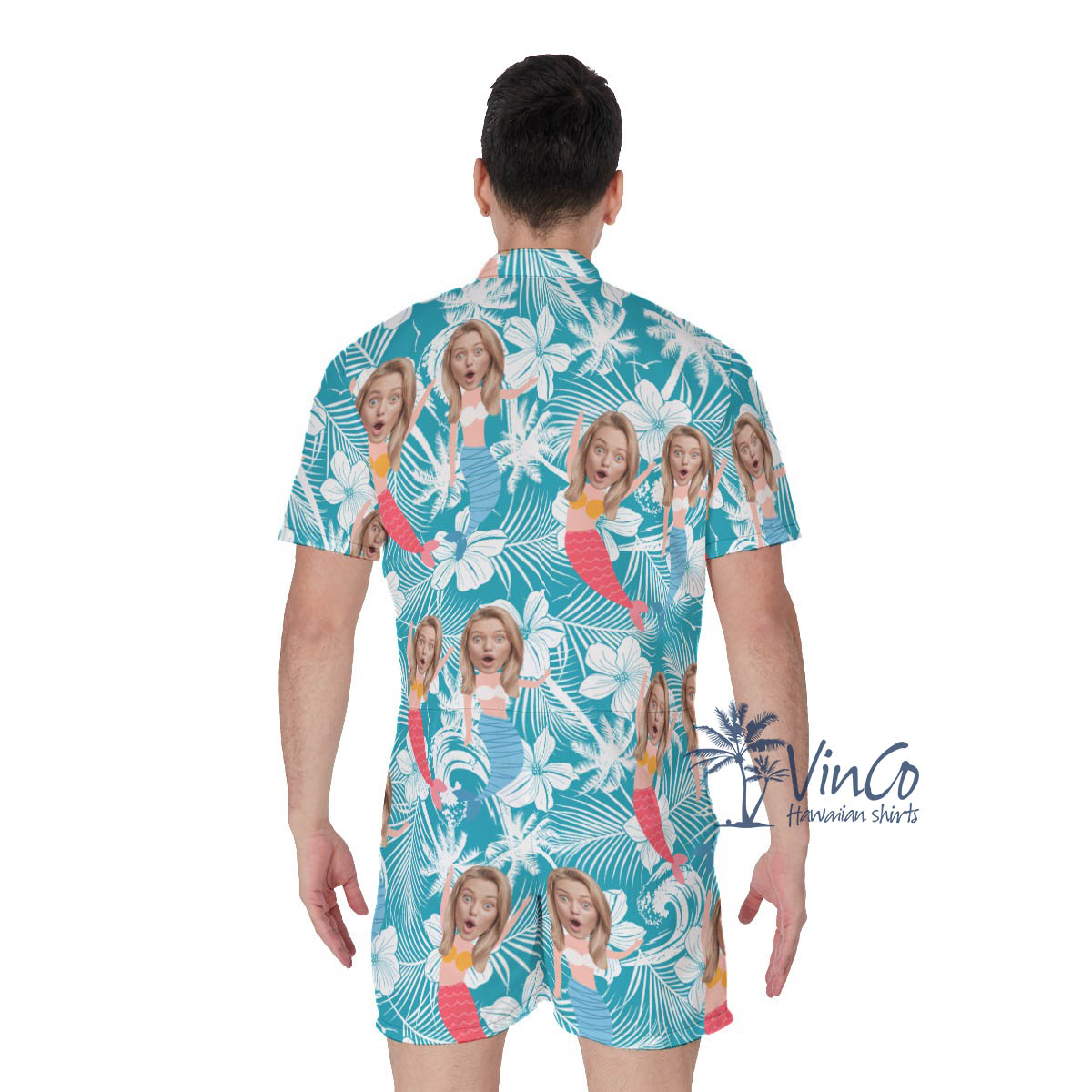 Custom Face Mermaid Floral Blue Hawaiian Romper For Men