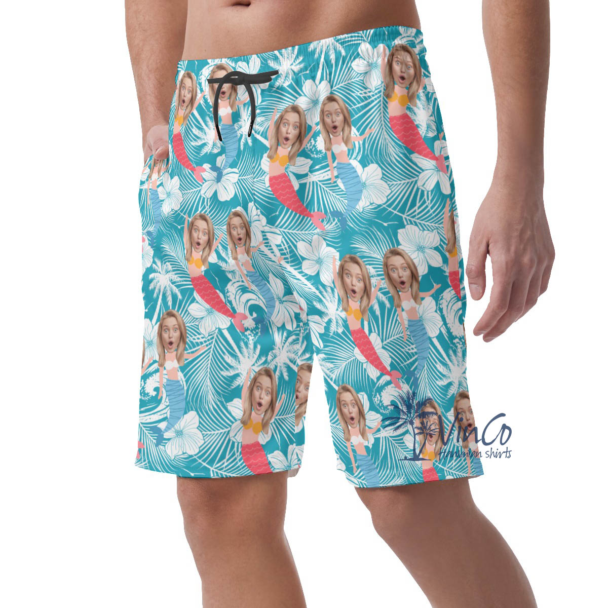Funny Mermaid Floral Hawaiian Beach Shorts With Custom Face