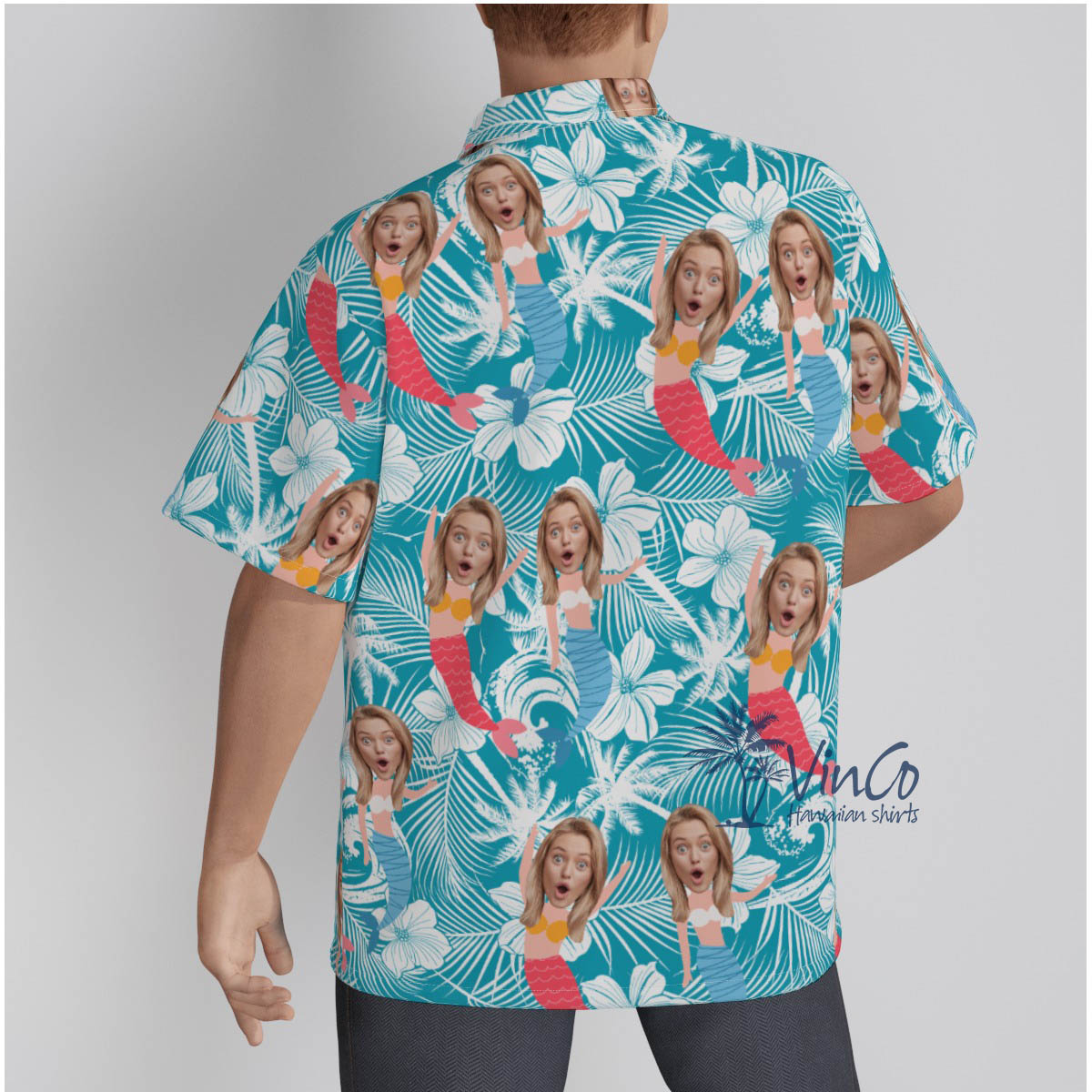Floral Mermaid Custom Face Blue Hawaiian Shirts For Men
