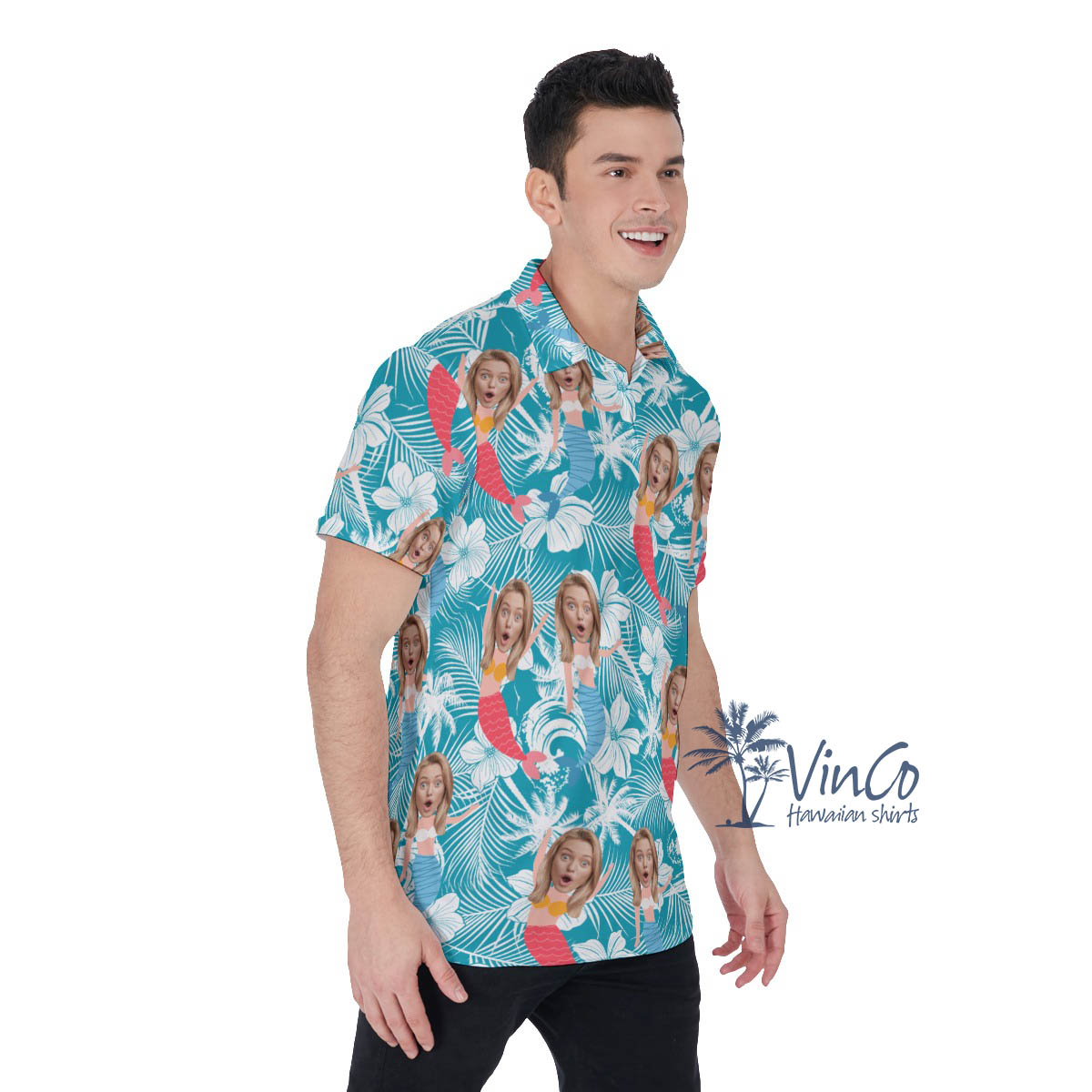 Custom Mermaid Blue Hawaiian Polo Shirts With Face