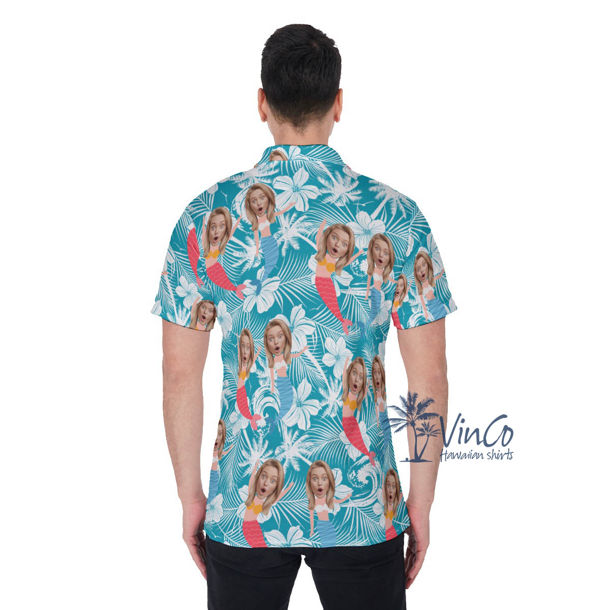 Custom Mermaid Blue Hawaiian Polo Shirts With Face