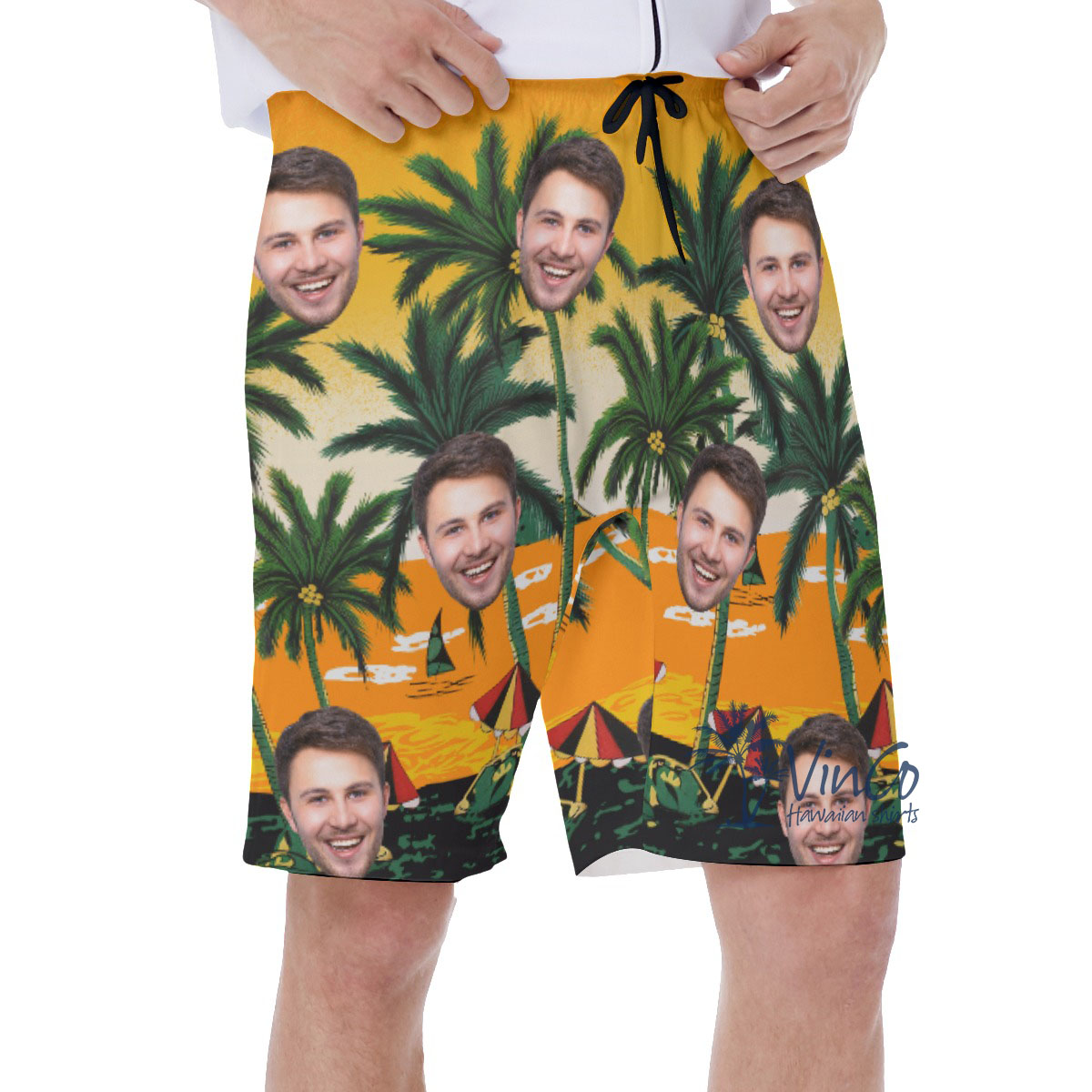 Legend Pacific Yellow Custom Hawaiian Swim Trunks With Multiple Faces