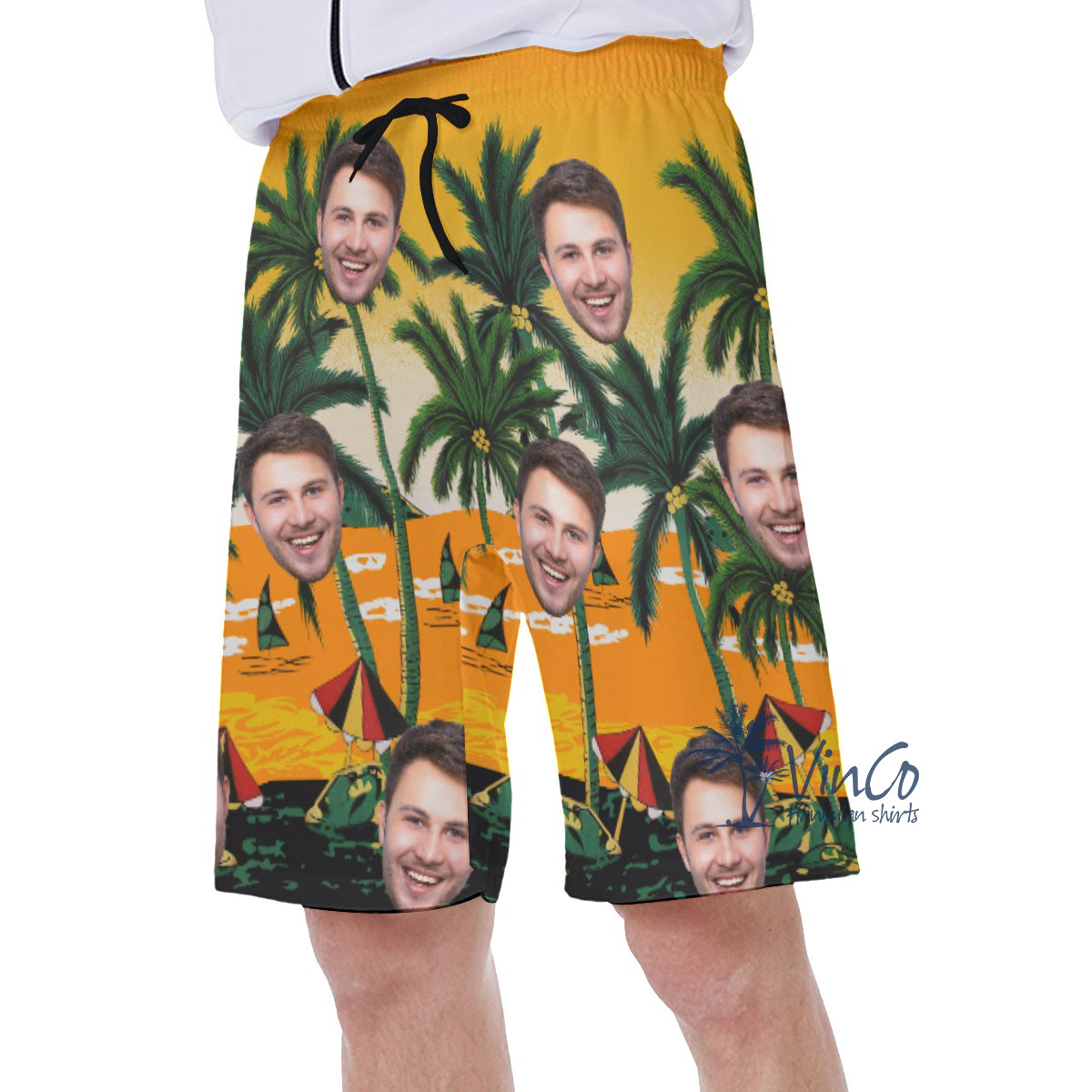 Legend Pacific Yellow Custom Hawaiian Swim Trunks With Multiple Faces